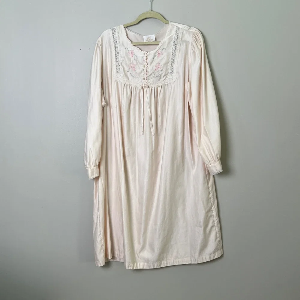 Lady Barbizon‎ Nightgown L Peach Pink Floral Lace Long Sleeve Loungewear Women